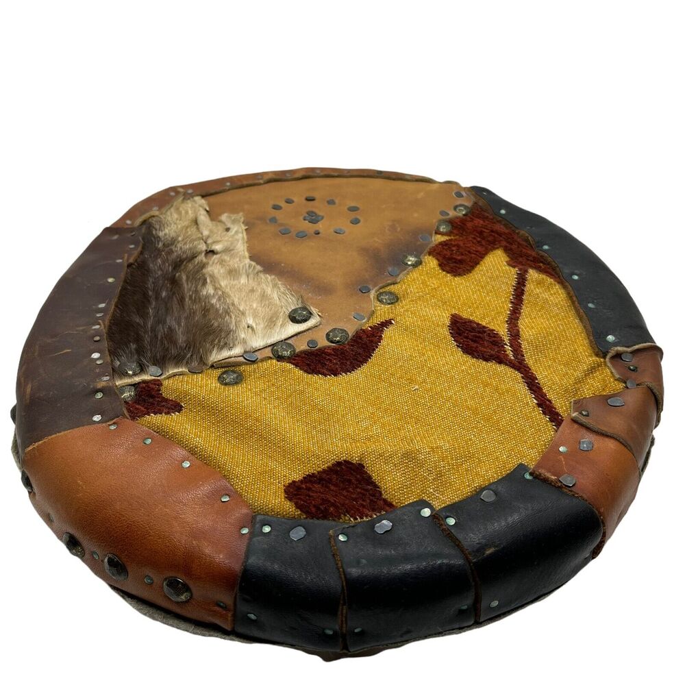 VIking Shield Hand Made Round Covered in Leather, Fabric, Calf Skin, Nail Detail - Picture 10 of 10